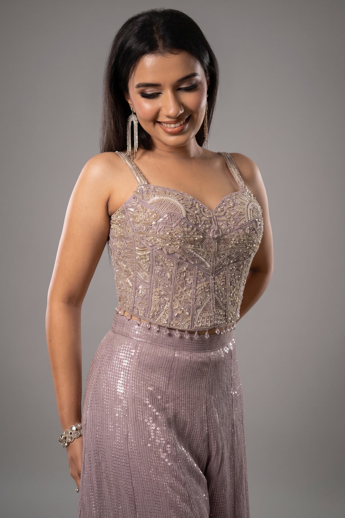 Lilac Purple Net Sequin Cutdana Worked Corset with Palazzo Set - purple net saree