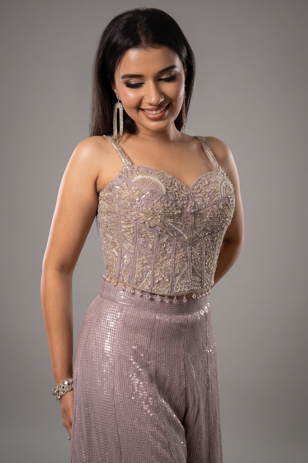 Lilac Purple Net Sequin Cutdana Worked Corset with Palazzo Set - purple net saree