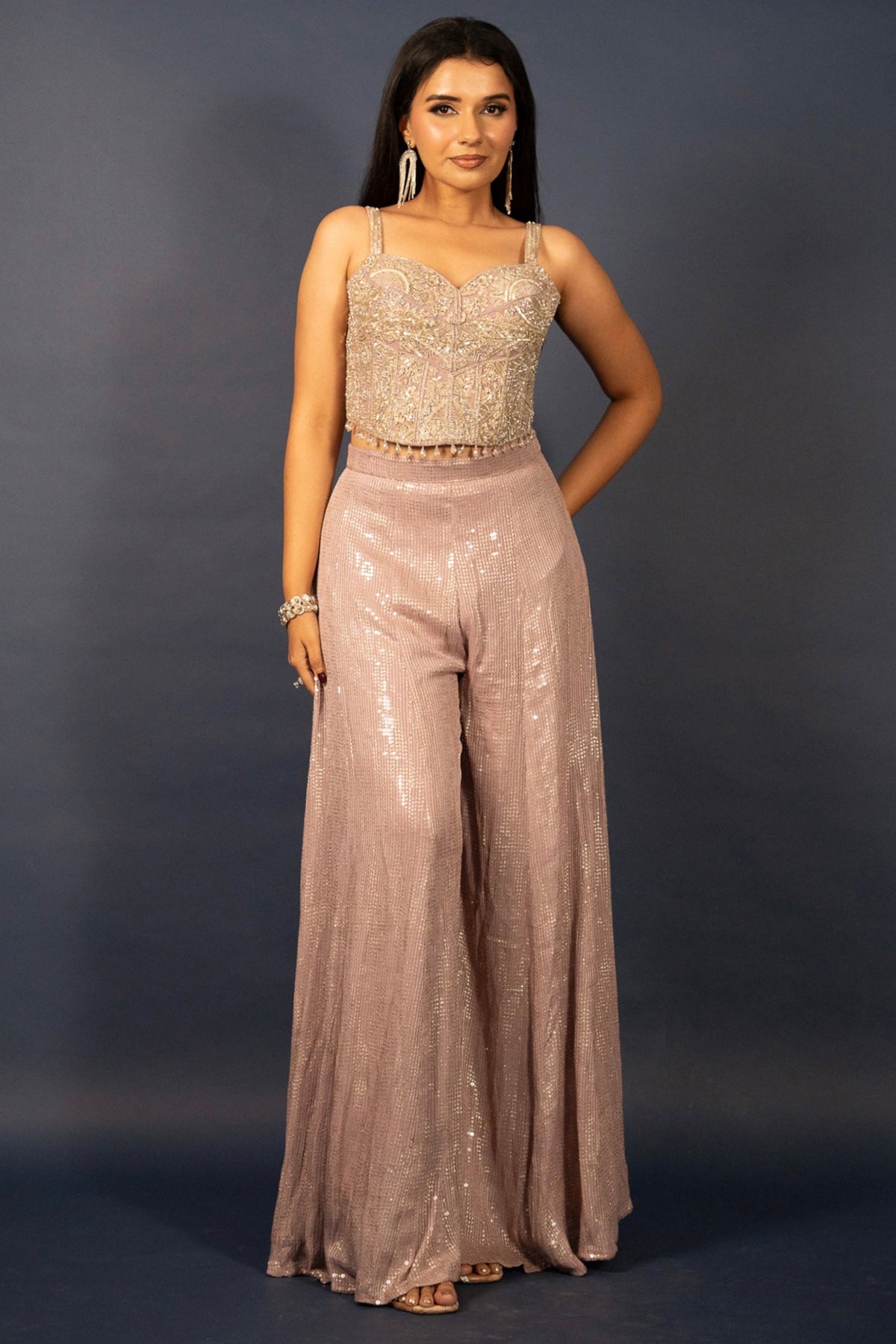 Lilac Purple Net Sequin Cutdana Worked Corset with Palazzo Set - purple net saree