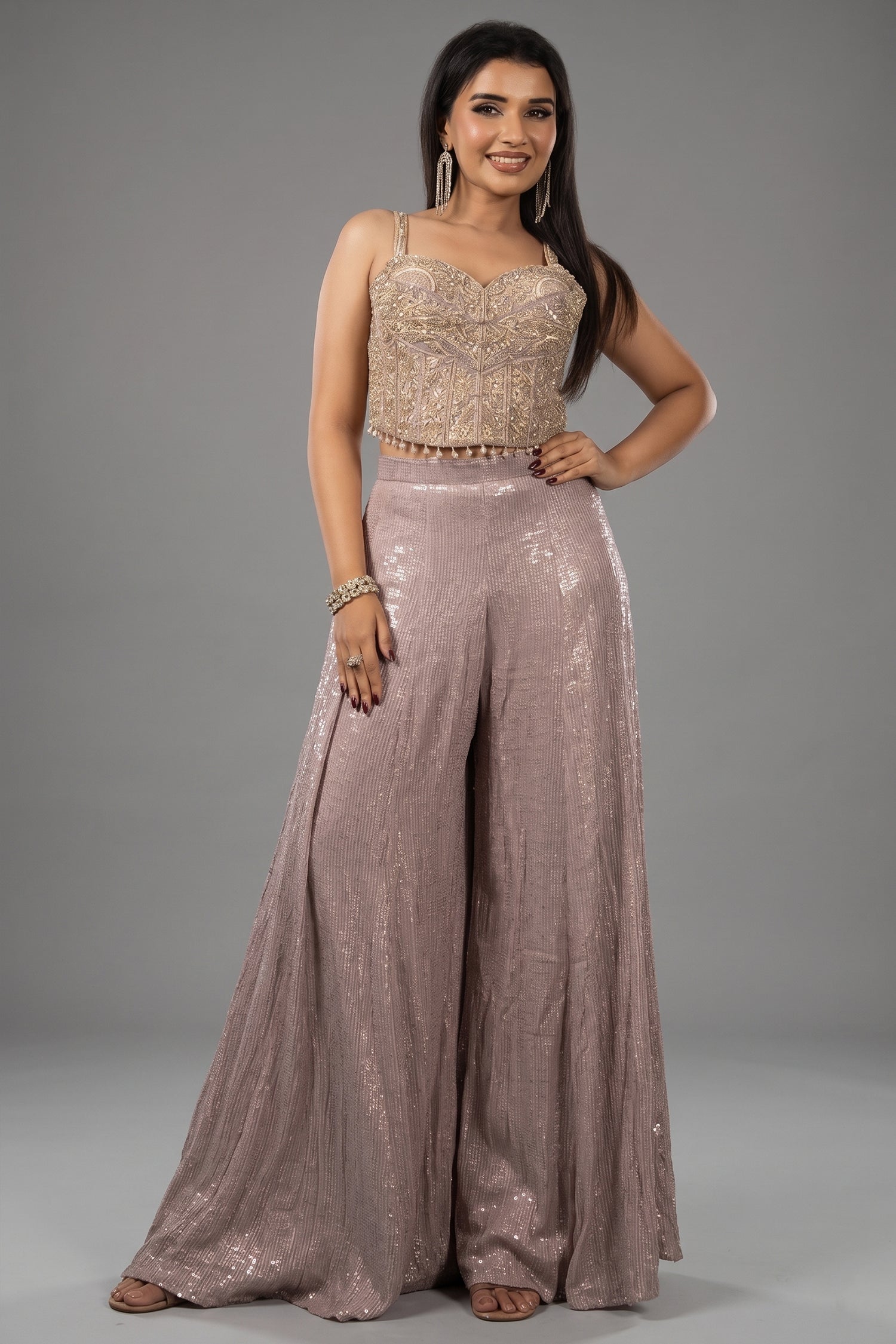 Lilac Purple Net Sequin Cutdana Worked Corset with Palazzo Set - purple net saree Main image