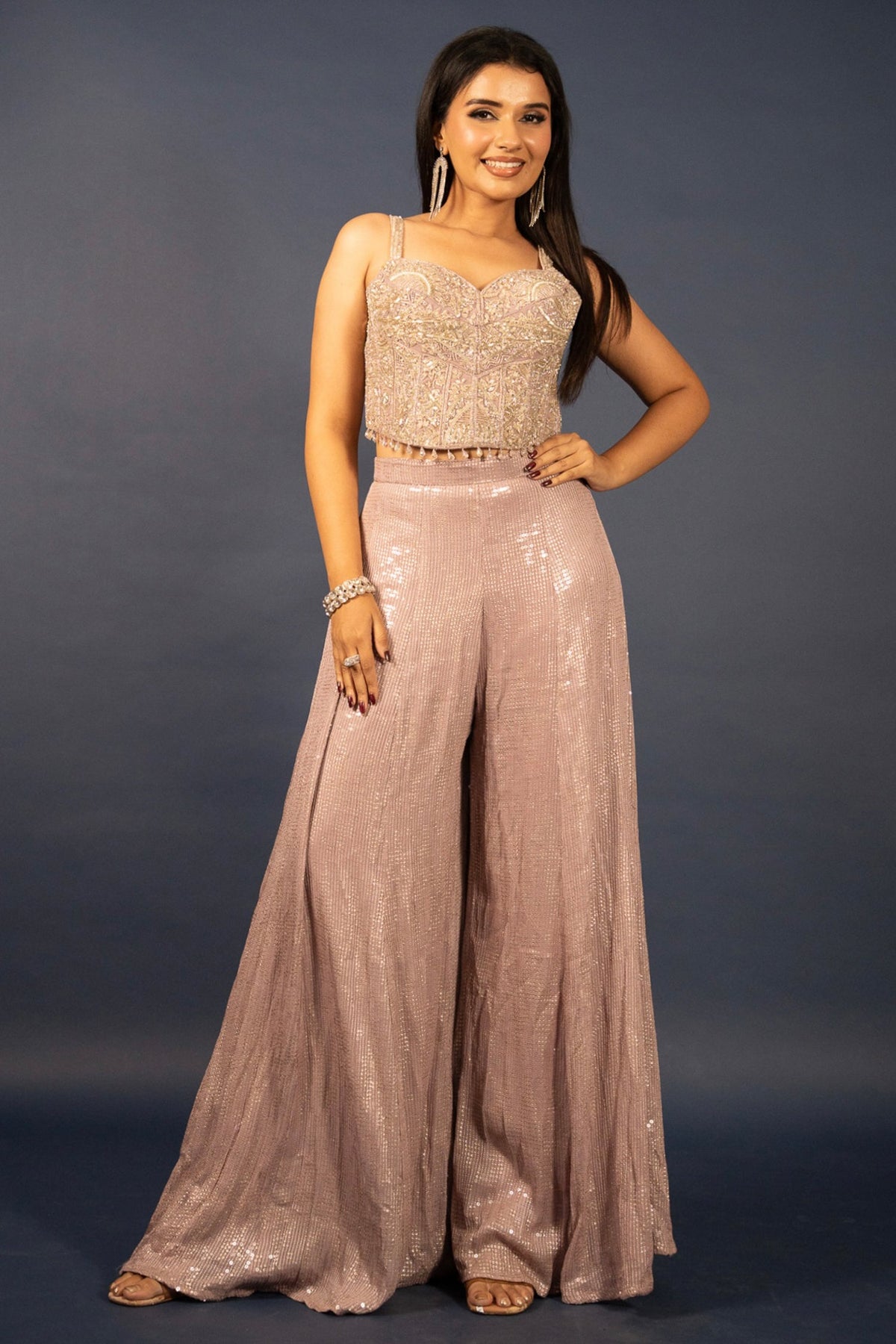 Lilac Purple Net Sequin Cutdana Worked Corset with Palazzo Set - purple net saree