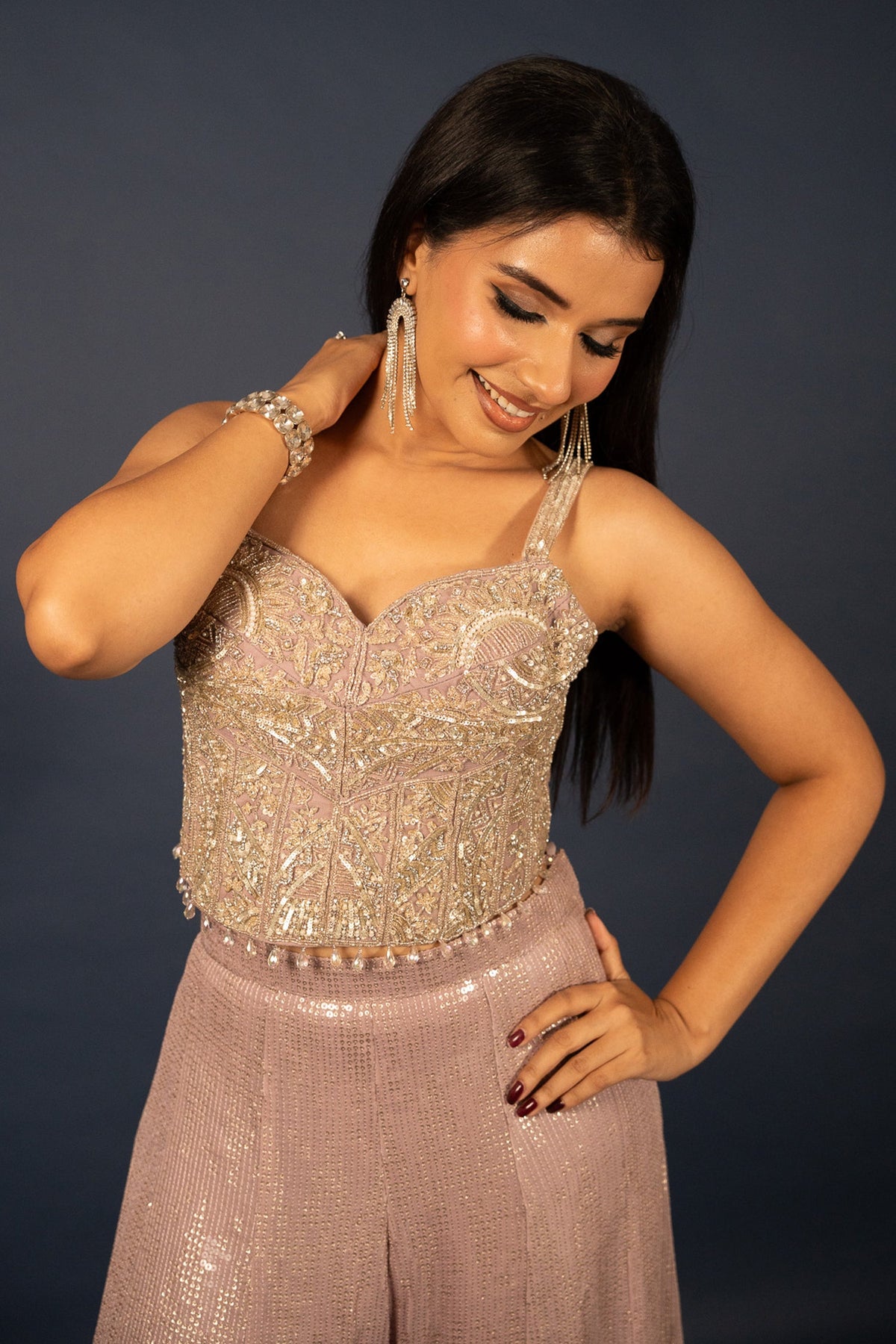 Lilac Purple Net Sequin Cutdana Worked Corset with Palazzo Set - purple net saree