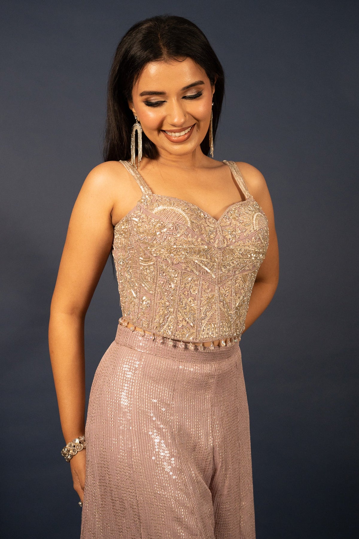 Lilac Purple Net Sequin Cutdana Worked Corset with Palazzo Set - purple net saree