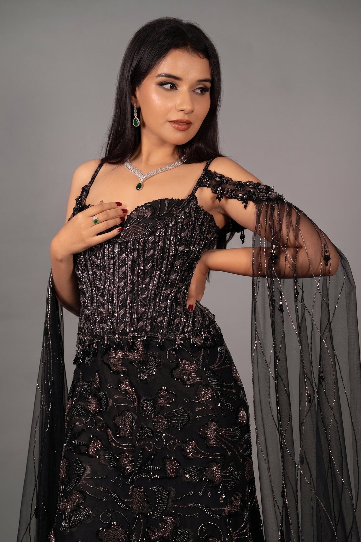 Black Net Sequin Cutdana Worked Gown with Cape - black net saree