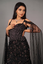 Black Net Sequin Cutdana Worked Gown with Cape - black net saree
