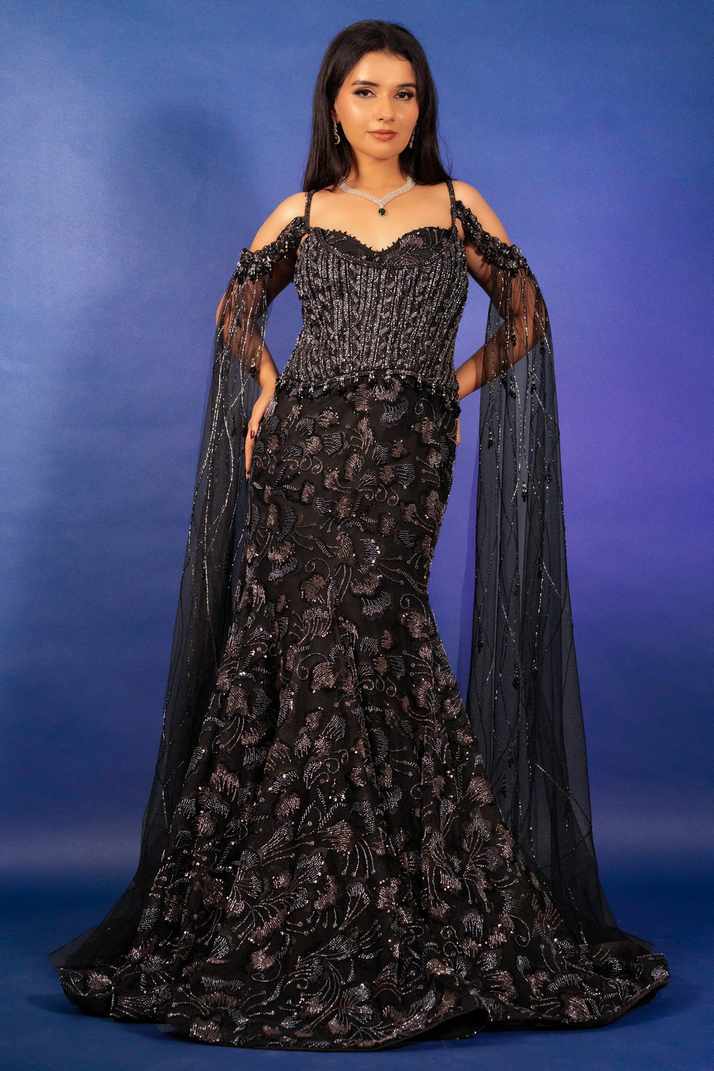 Black Net Sequin Cutdana Worked Gown with Cape - black net saree