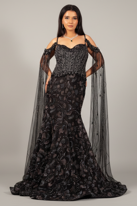 Black Net Sequin Cutdana Worked Gown with Cape - black net saree Main image