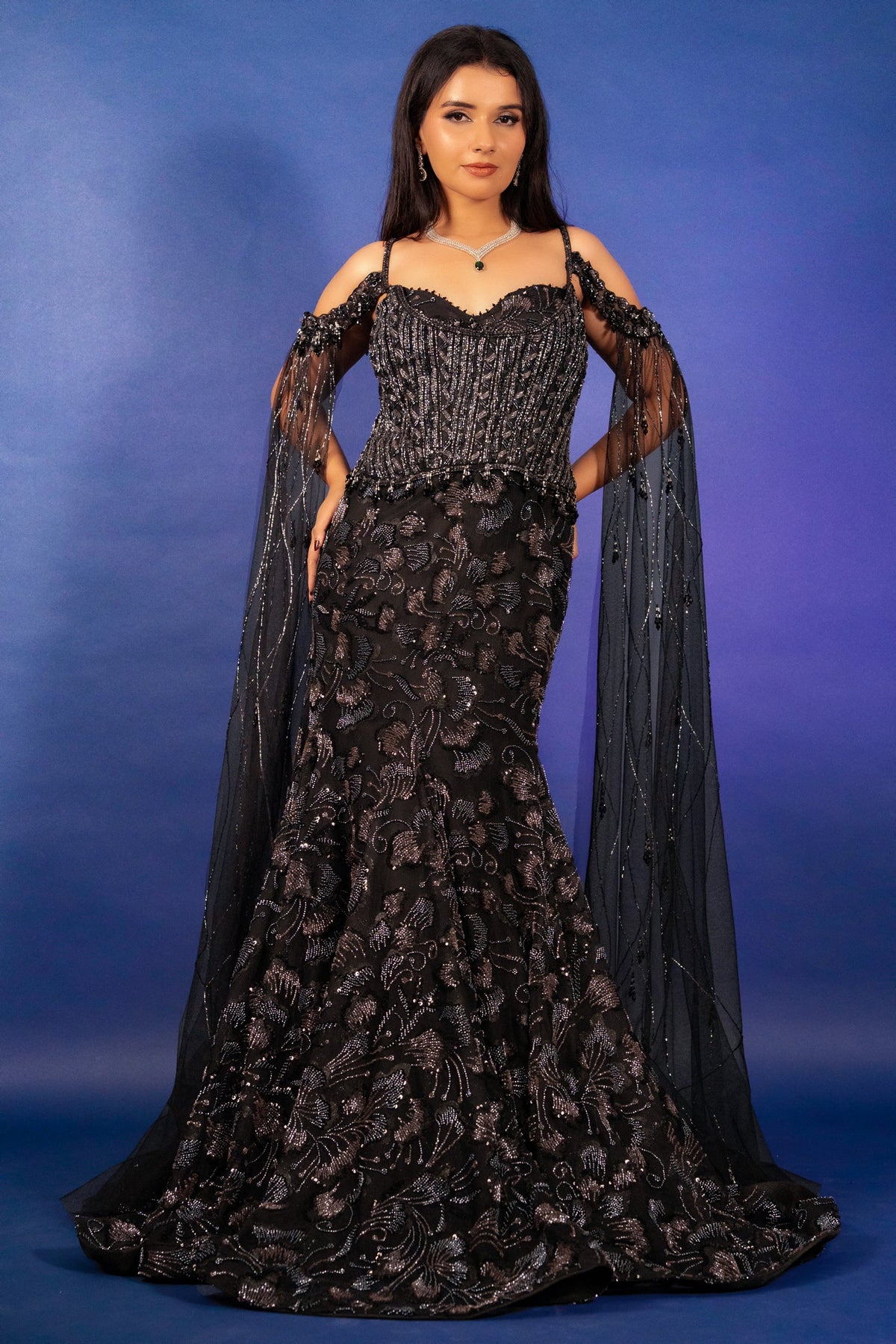 Black Net Sequin Cutdana Worked Gown with Cape