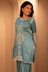 Blue Silk Zardosi and Sequin worked Co-Ord Set