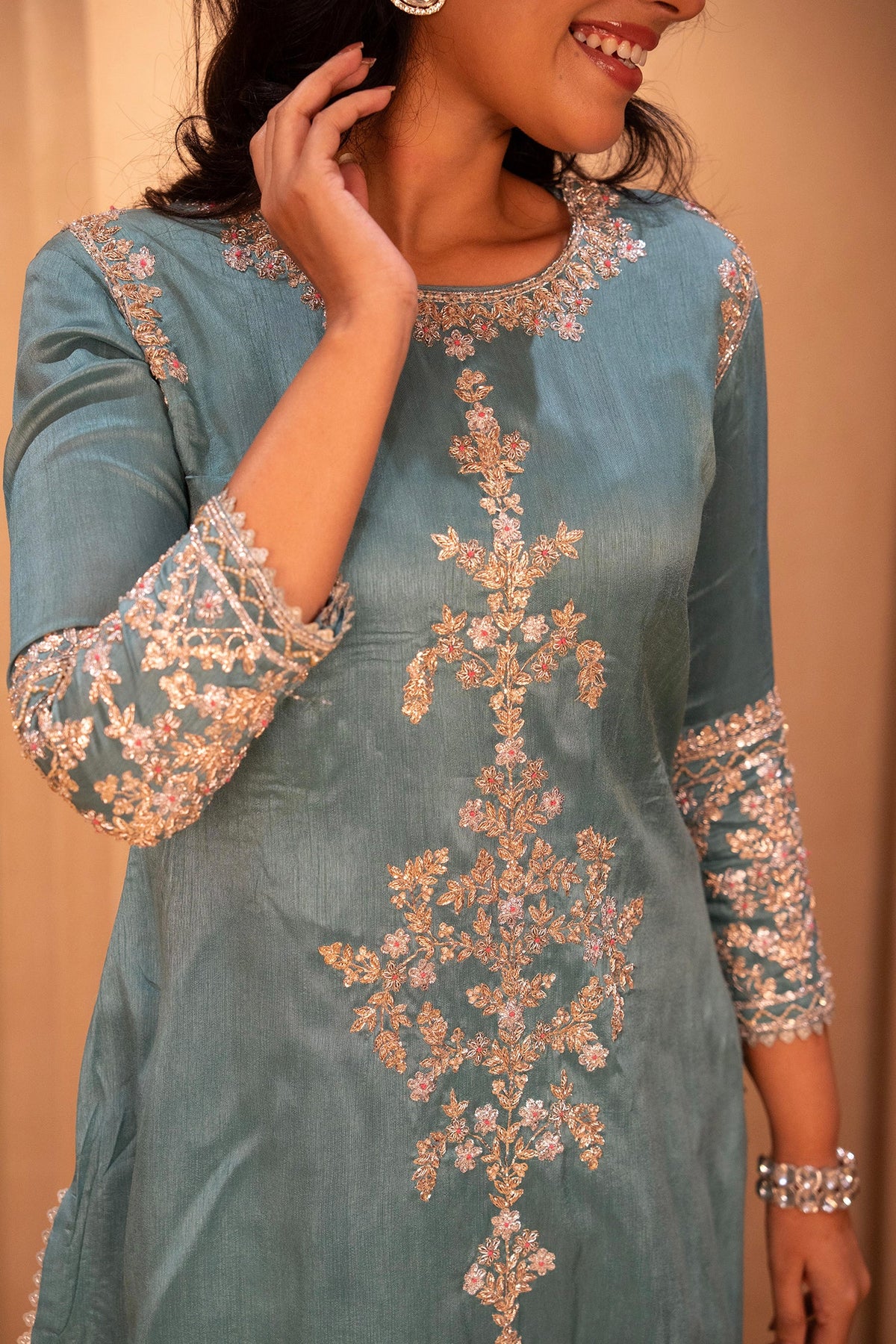 Blue Silk Zardosi and Sequin worked Co-Ord Set - blue silk saree