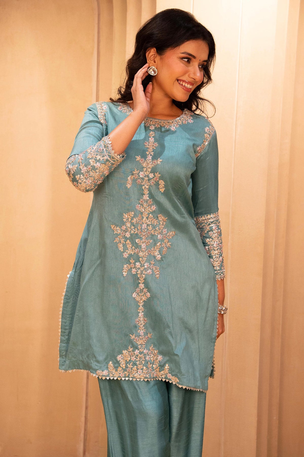 Blue Silk Zardosi and Sequin worked Co-Ord Set - blue silk saree