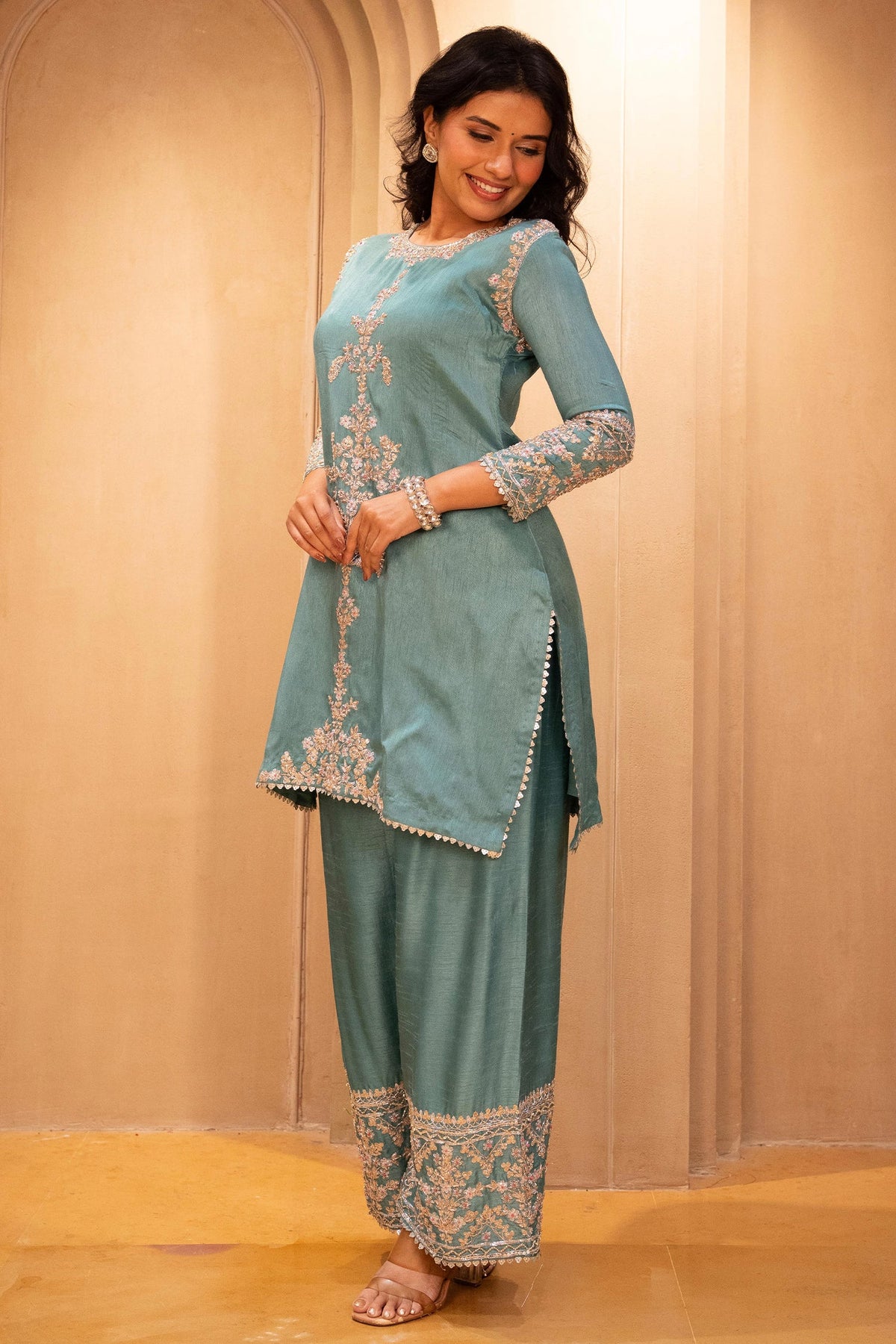 Blue Silk Zardosi and Sequin worked Co-Ord Set - blue silk saree