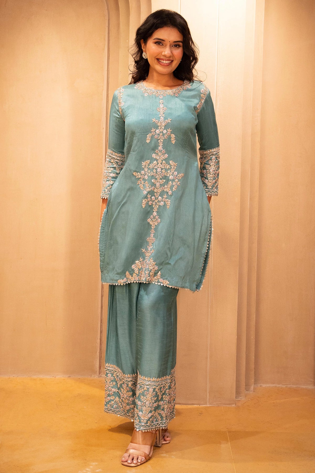 Blue Silk Zardosi and Sequin worked Co-Ord Set - blue silk saree