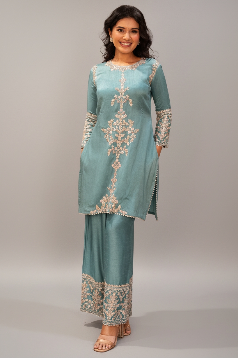Blue Silk Zardosi and Sequin worked Co-Ord Set - blue silk saree