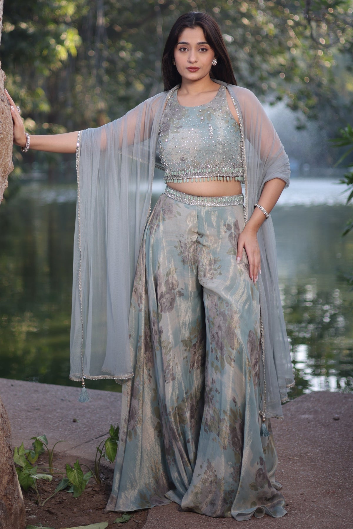 Sea Green Tissue Silk Floral Printed Crop Top Palazzo with Dupatta - green silk saree