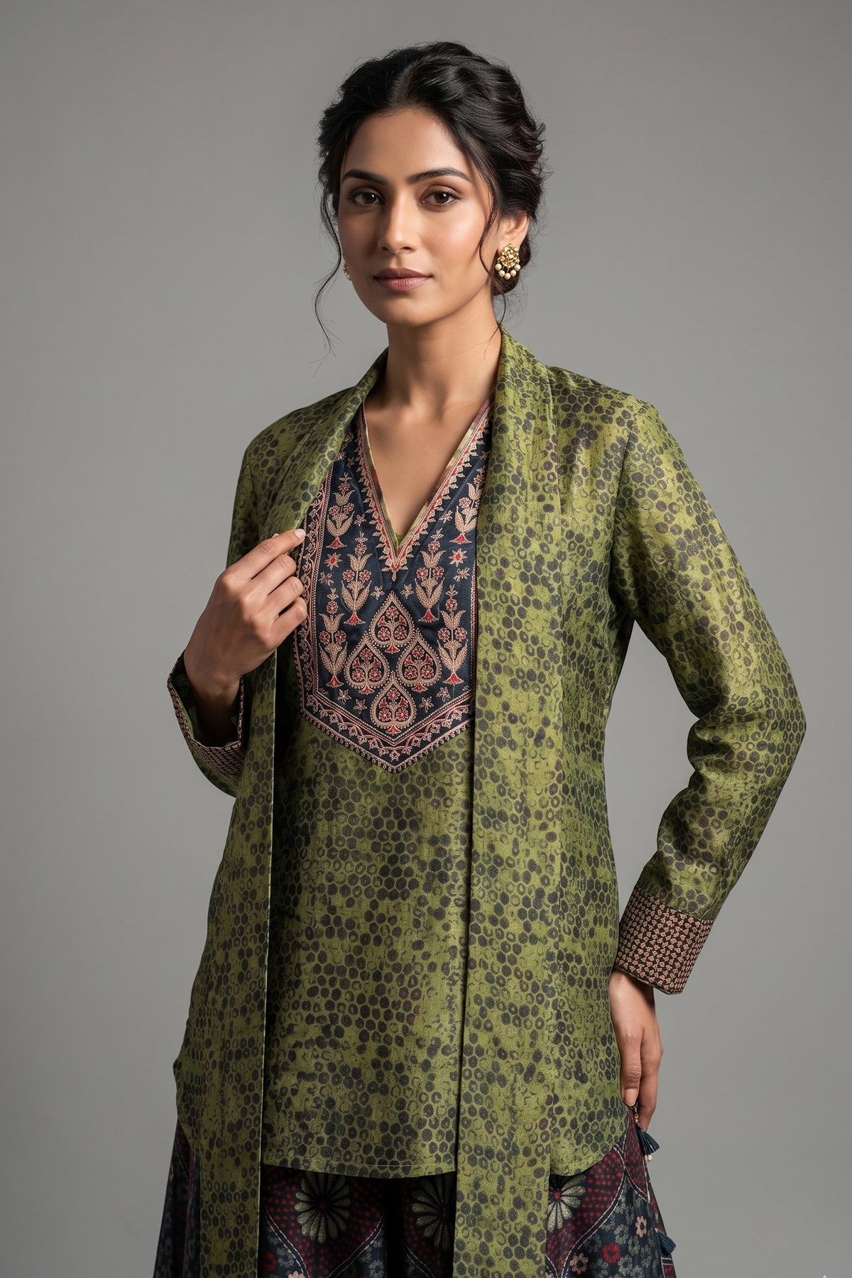 Green Silk Printed Indo Western Set - green silk saree