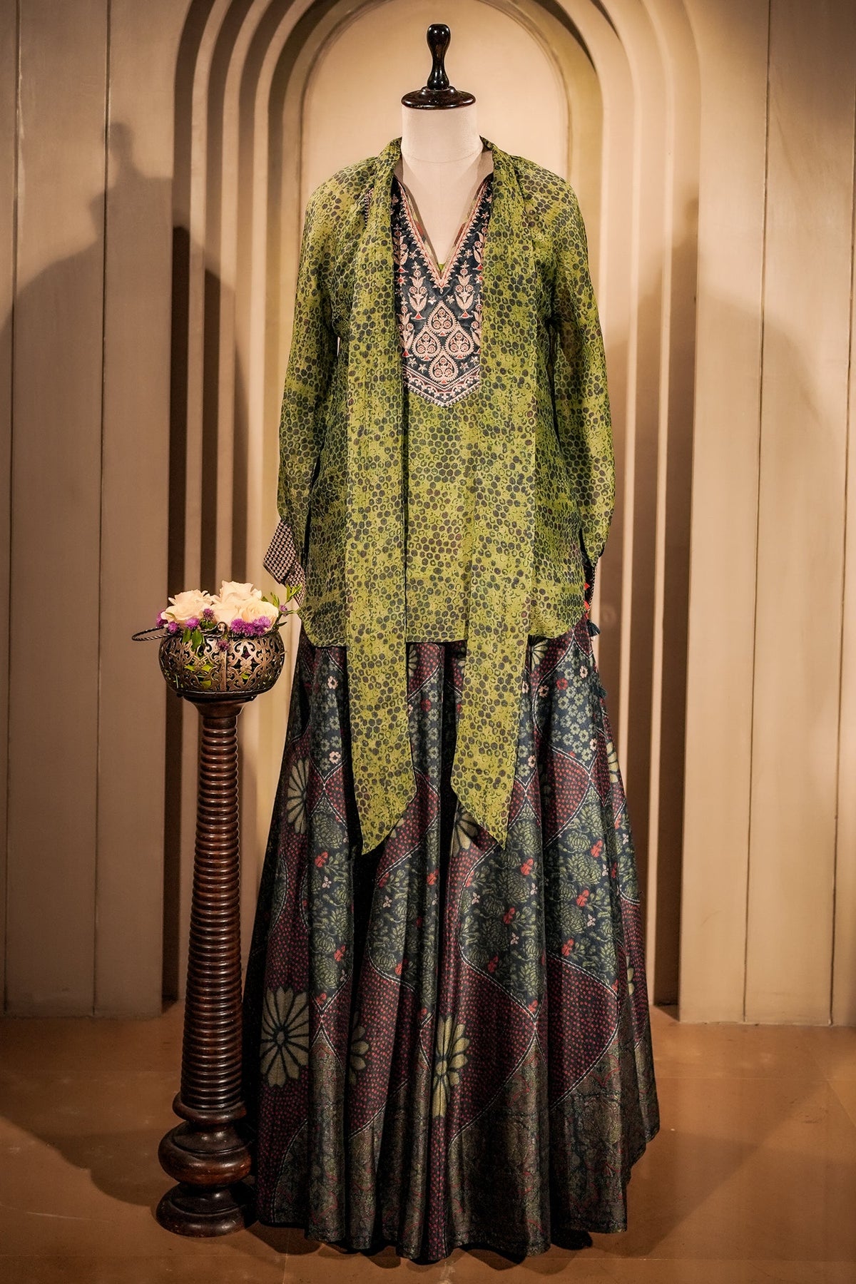 Green Silk Printed Indo Western Set - green silk saree
