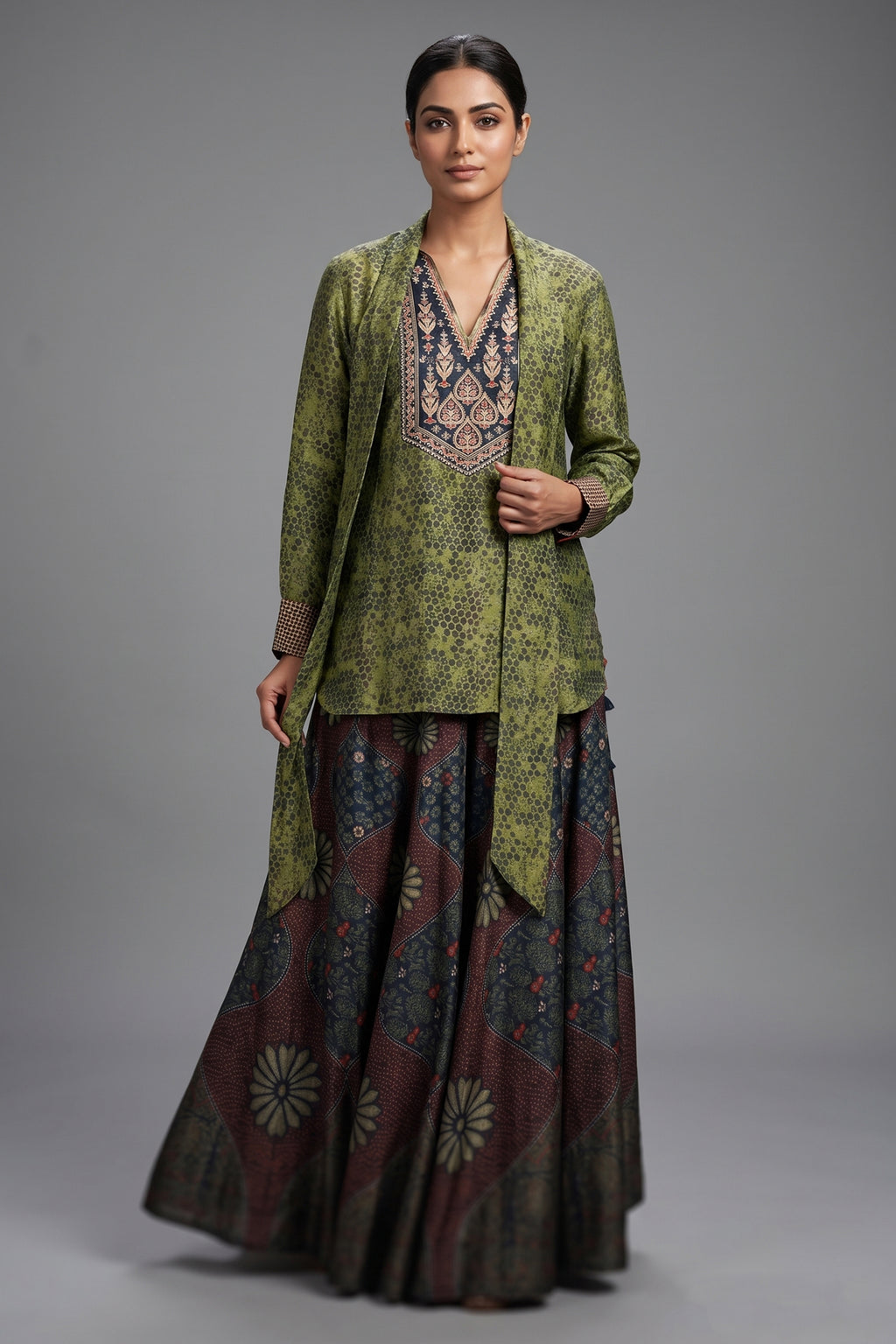 Green Silk Printed Indo Western Set - green silk saree