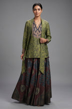 Green Silk Printed Indo Western Set - green silk saree