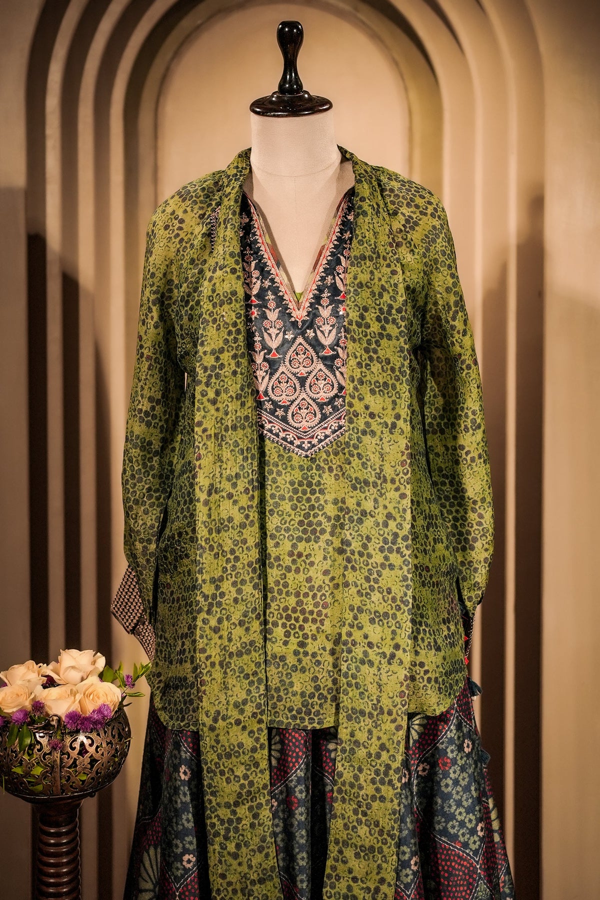 Green Silk Printed Indo Western Set - green silk saree
