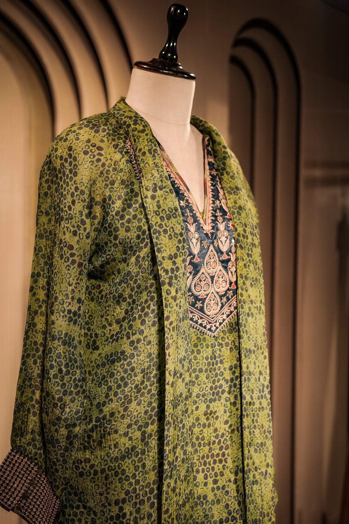 Green Silk Printed Indo Western Set - green silk saree