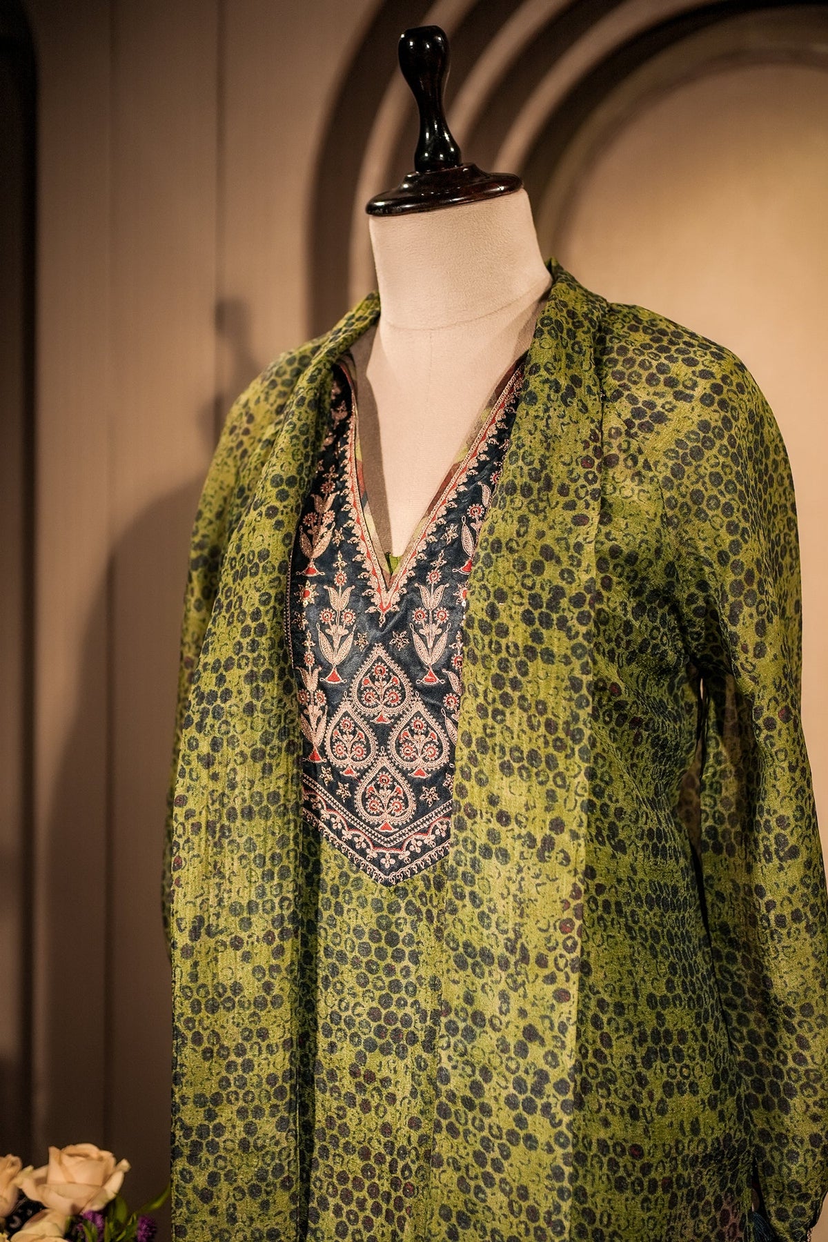 Green Silk Printed Indo Western Set - green silk saree