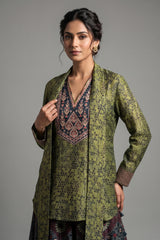 Green Silk Printed Indo Western Set - green silk saree