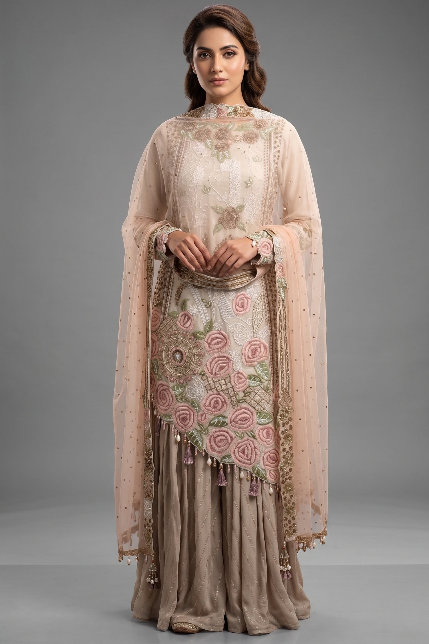 Grey Raw Silk Asymmetric Floral Embroidered and Bead Worked Palazzo Suit - red silk saree embroidered Main image