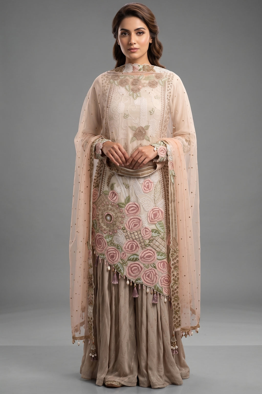 Grey Raw Silk Asymmetric Floral Embroidered and Bead Worked Palazzo Suit - red silk saree embroidered