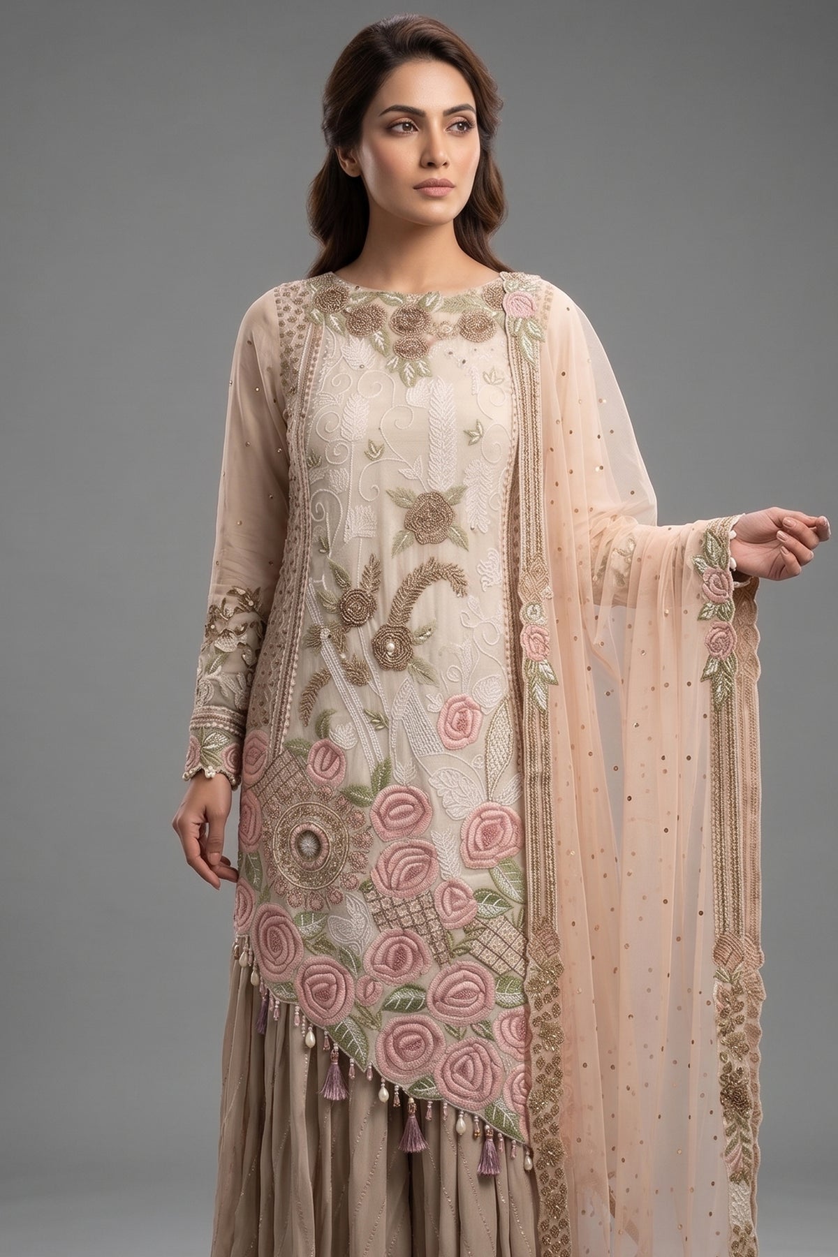 Grey Raw Silk Asymmetric Floral Embroidered and Bead Worked Palazzo Suit - red silk saree embroidered