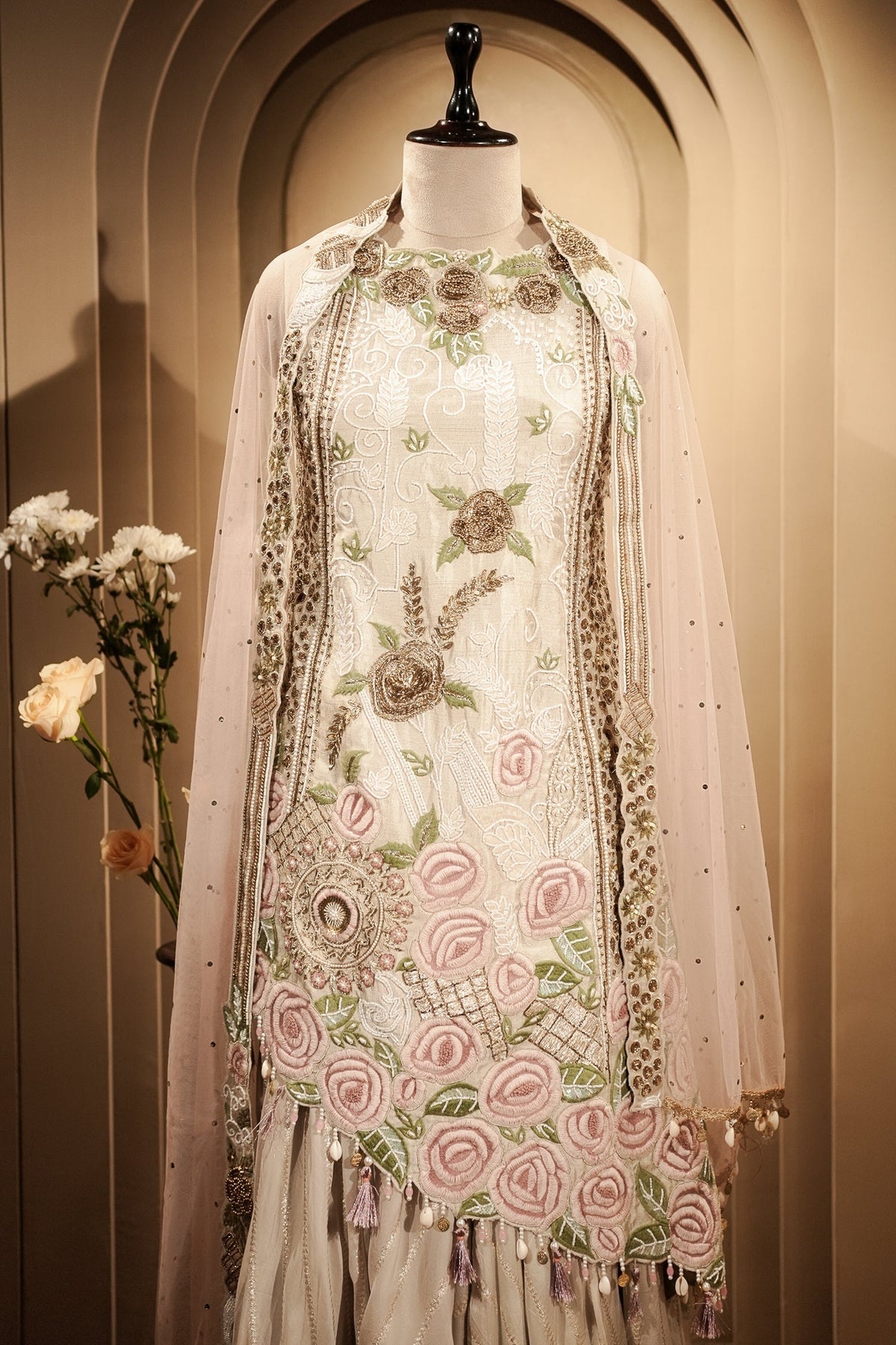 Grey Raw Silk Asymmetric Floral Embroidered and Bead Worked Palazzo Suit - red silk saree embroidered