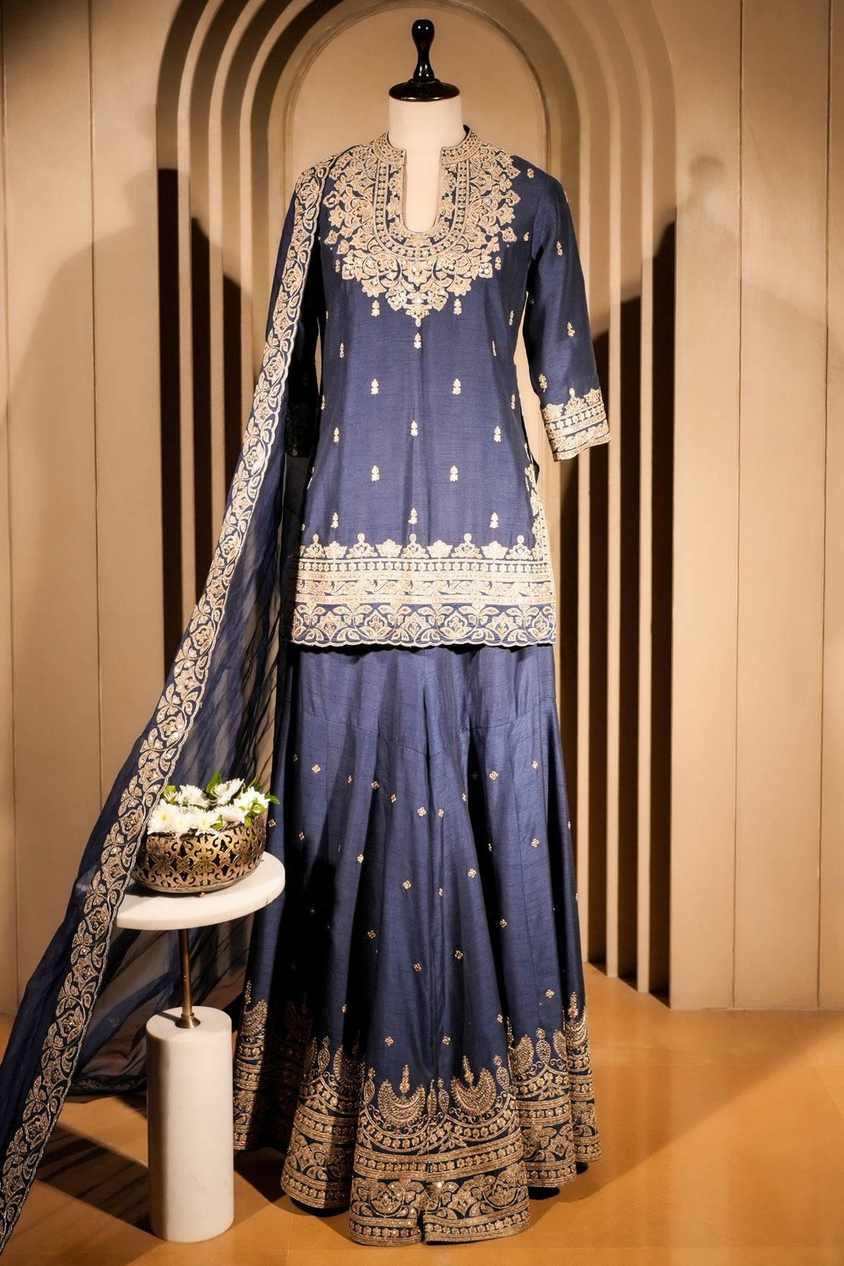 Blue Raw Silk Sequin Embroidered Palazzo Suit - red silk saree embroidered