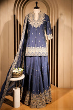 Blue Raw Silk Sequin Embroidered Palazzo Suit - red silk saree embroidered