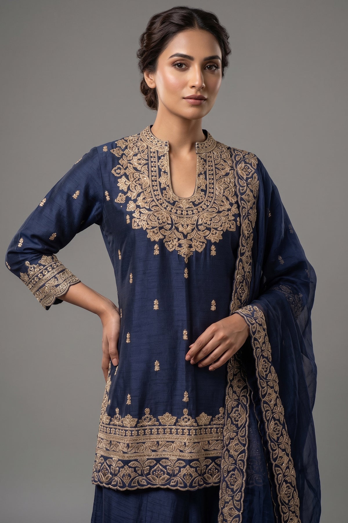 Blue Raw Silk Sequin Embroidered Palazzo Suit - red silk saree embroidered