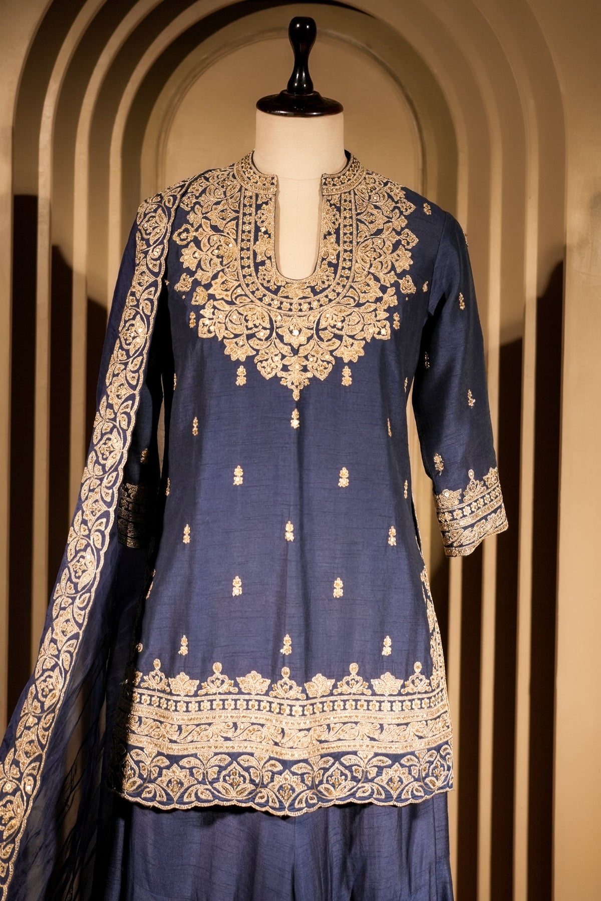 Blue Raw Silk Sequin Embroidered Palazzo Suit - red silk saree embroidered