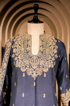 Blue Raw Silk Sequin Embroidered Palazzo Suit - red silk saree embroidered