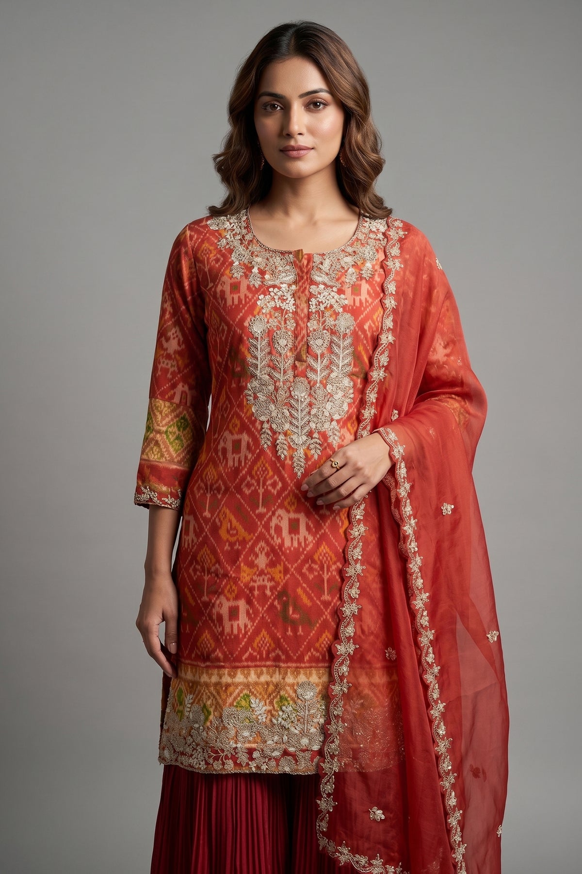 Red Silk Patola Printed Palazzo Suit with Sequin and Beads Work - red silk saree patola