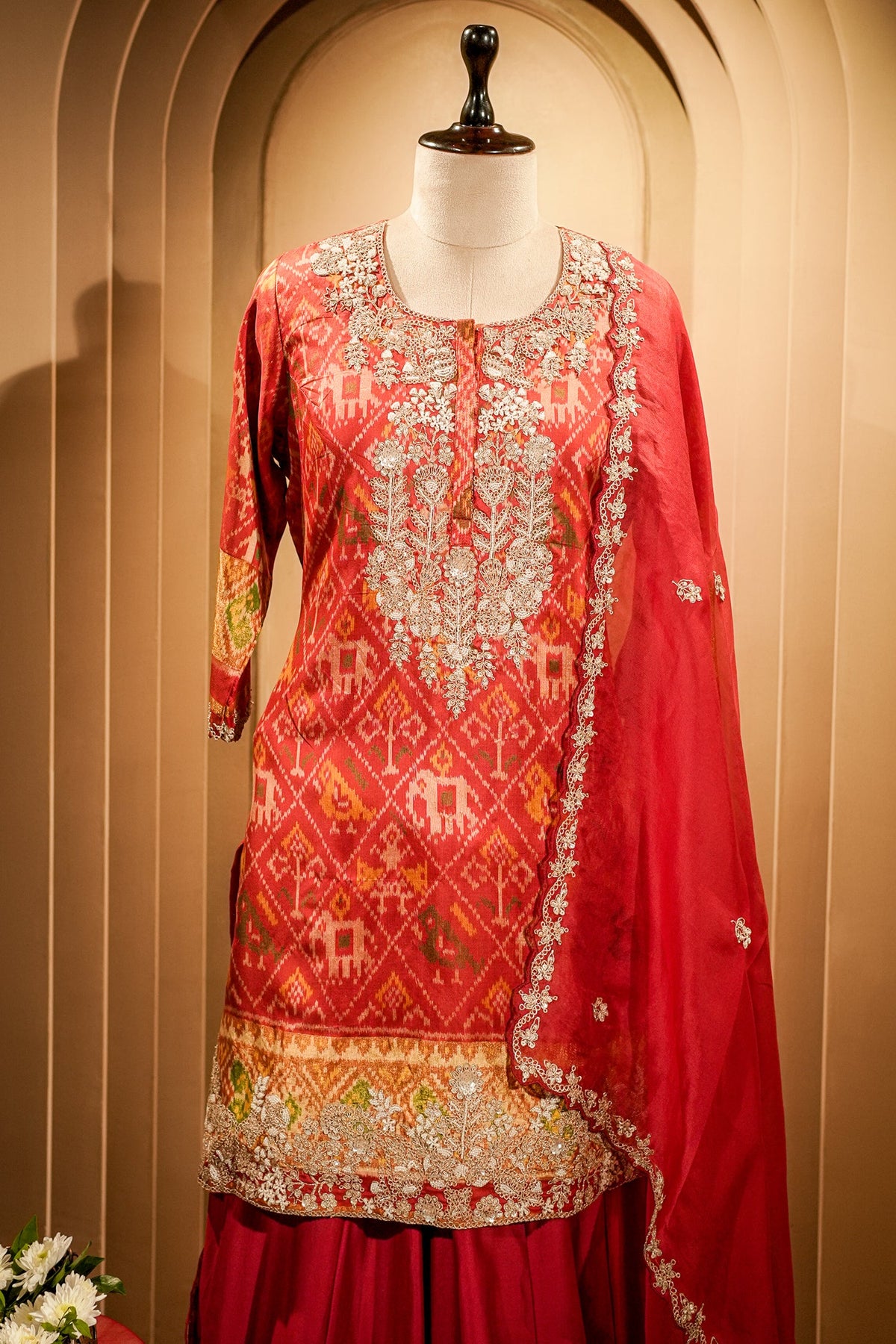 Red Silk Patola Printed Palazzo Suit with Sequin and Beads Work - red silk saree patola