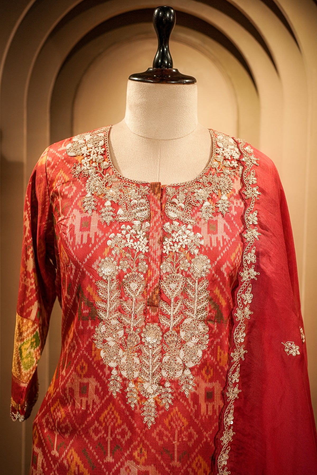 Red Silk Patola Printed Palazzo Suit with Sequin and Beads Work - red silk saree patola