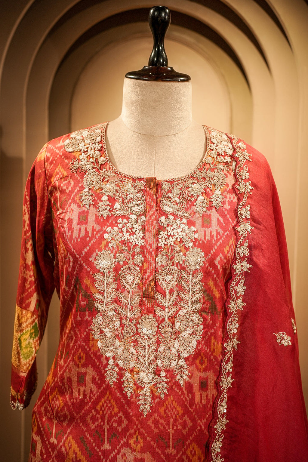 Red Silk Patola Printed Palazzo Suit with Sequin and Beads Work - red silk saree patola