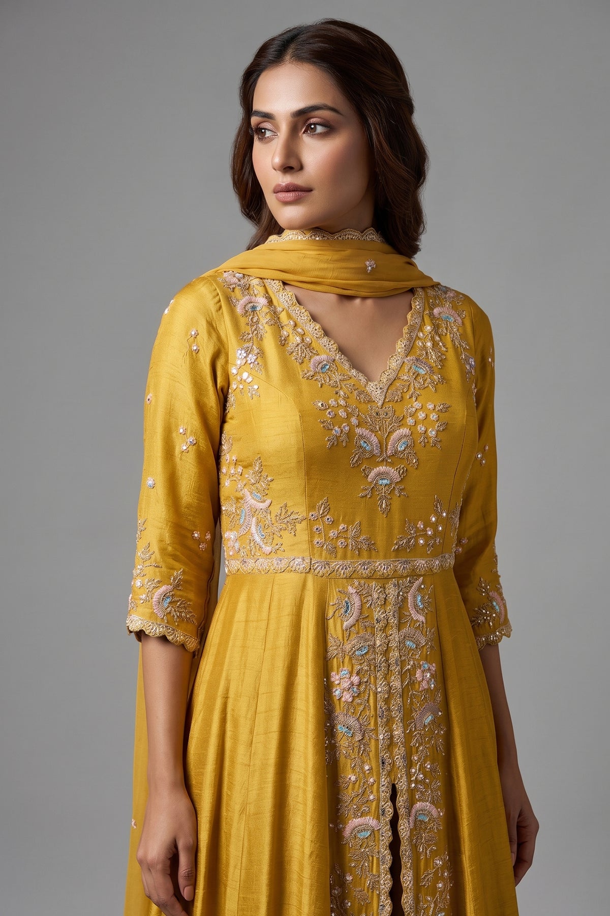 Yellow Raw Silk V Neckline Slit Cut Palazzo Suit with Sequins Work - yellow silk saree