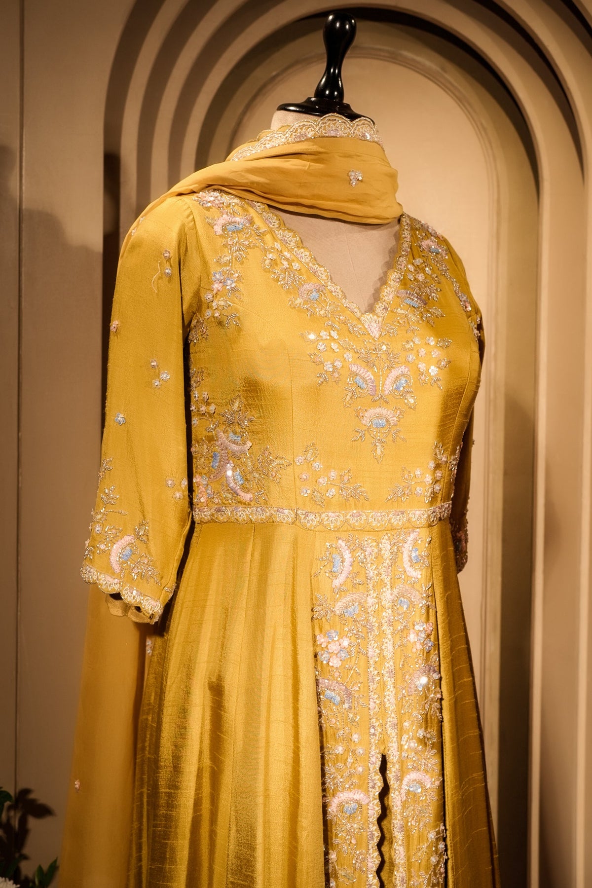 Yellow Raw Silk V Neckline Slit Cut Palazzo Suit with Sequins Work - yellow silk saree