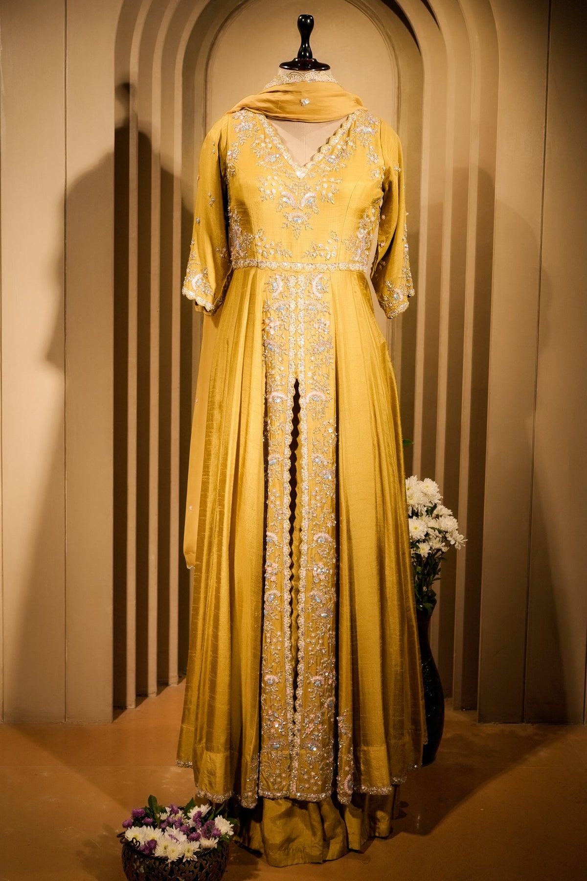 Yellow Raw Silk V Neckline Slit Cut Palazzo Suit with Sequins Work - yellow silk saree