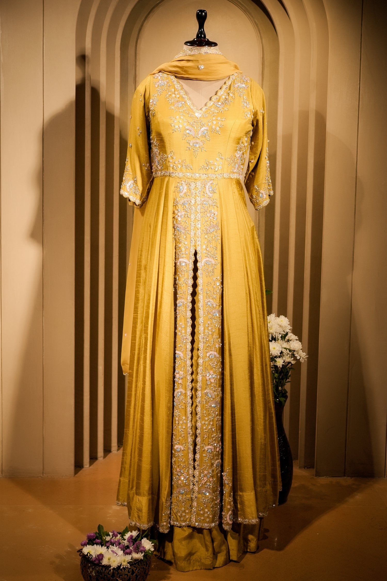 Yellow Raw Silk V Neckline Slit Cut Palazzo Suit with Sequins Work - yellow silk saree