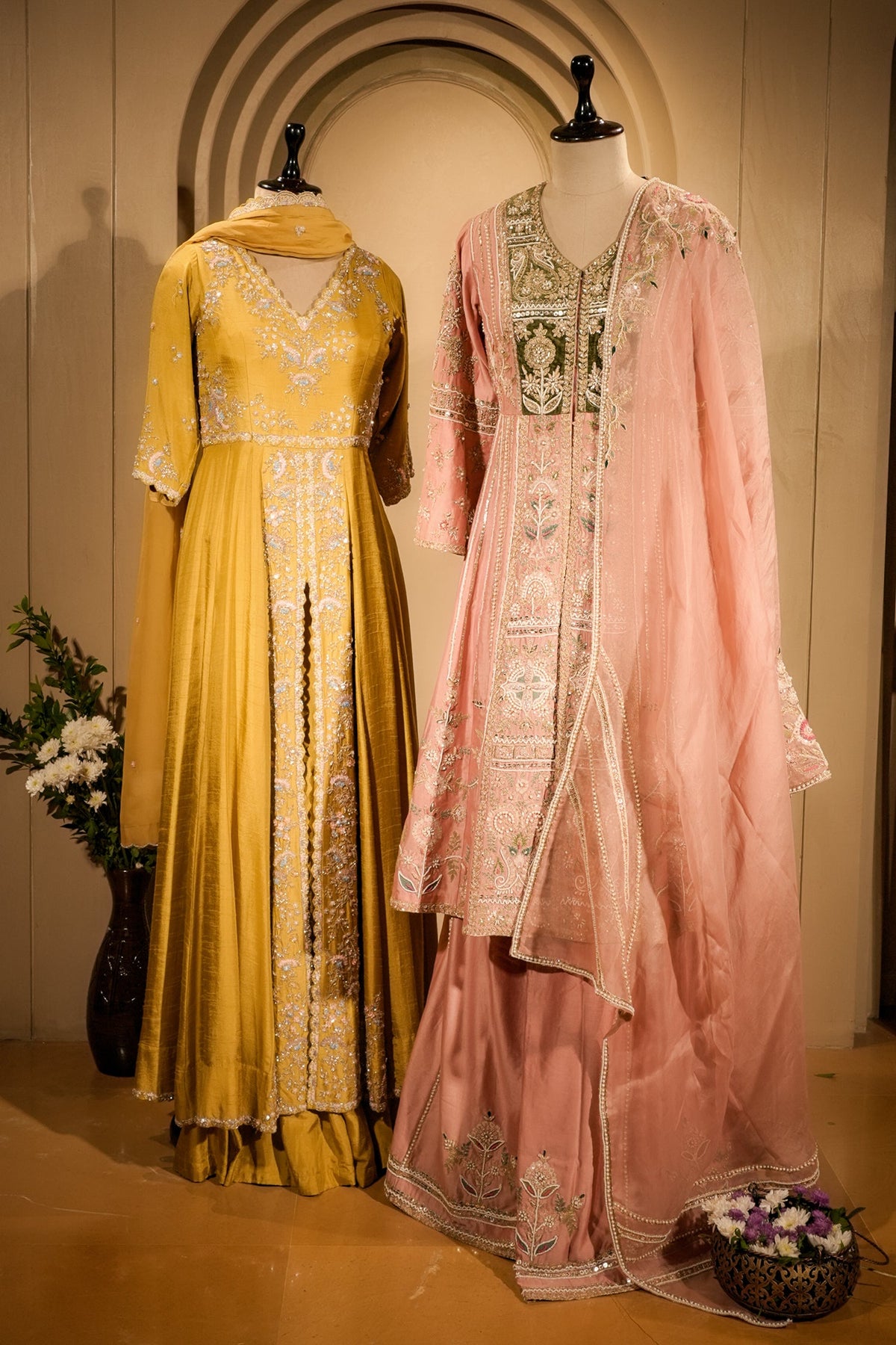 Yellow Raw Silk V Neckline Slit Cut Palazzo Suit with Sequins Work - yellow silk saree