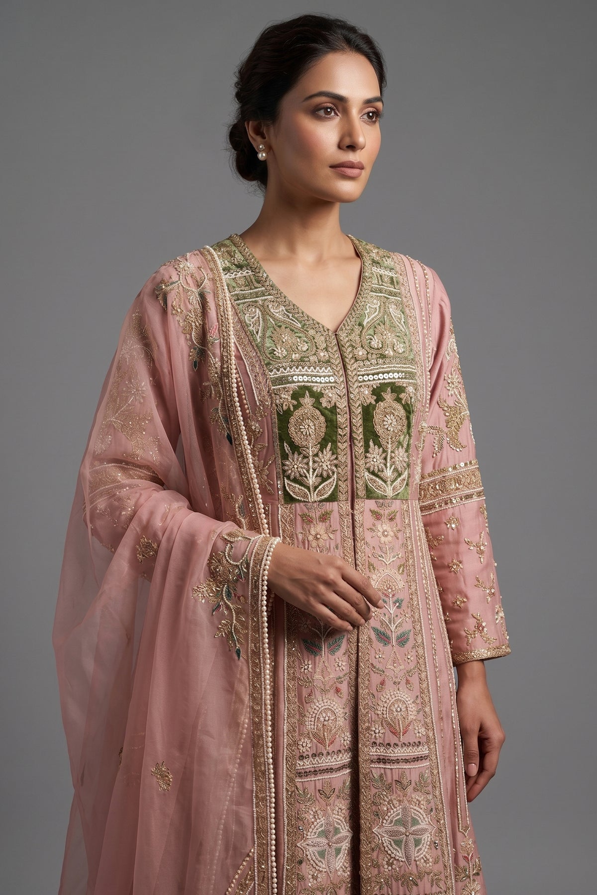 Light Pink Silk Designer Zardosi and Beads Worked Palazzo Suit - pink silk saree
