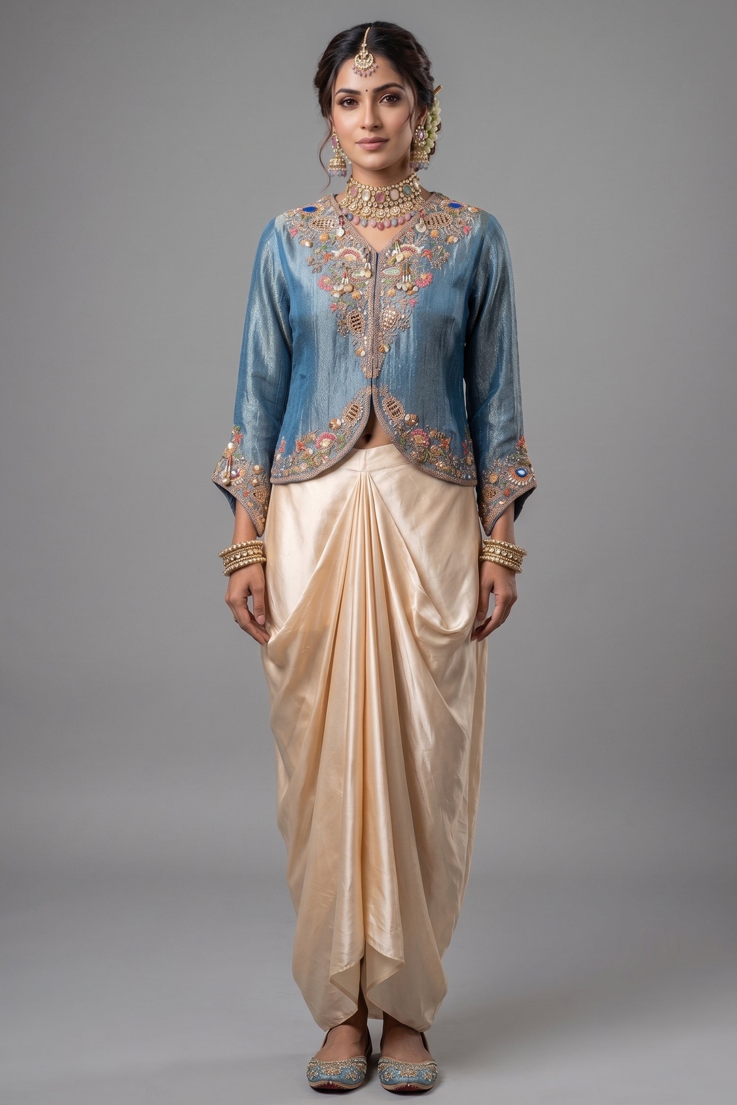 Blue Tissue Silk Embroidered Crop Top and Draped Skirt - red silk saree embroidered Main image