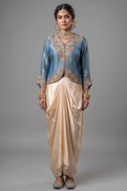 Blue Tissue Silk Embroidered Crop Top and Draped Skirt - red silk saree embroidered