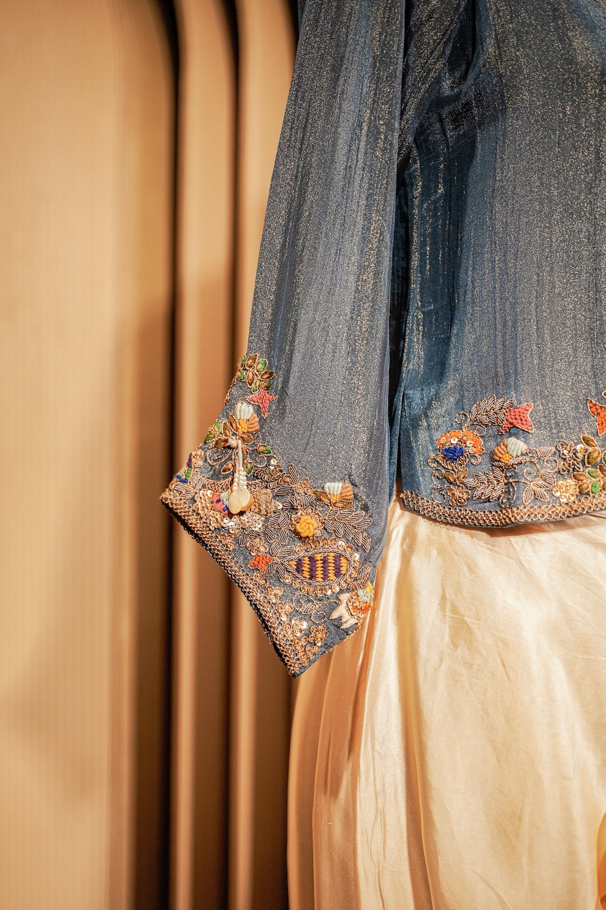 Blue Tissue Silk Embroidered Crop Top and Draped Skirt - red silk saree embroidered