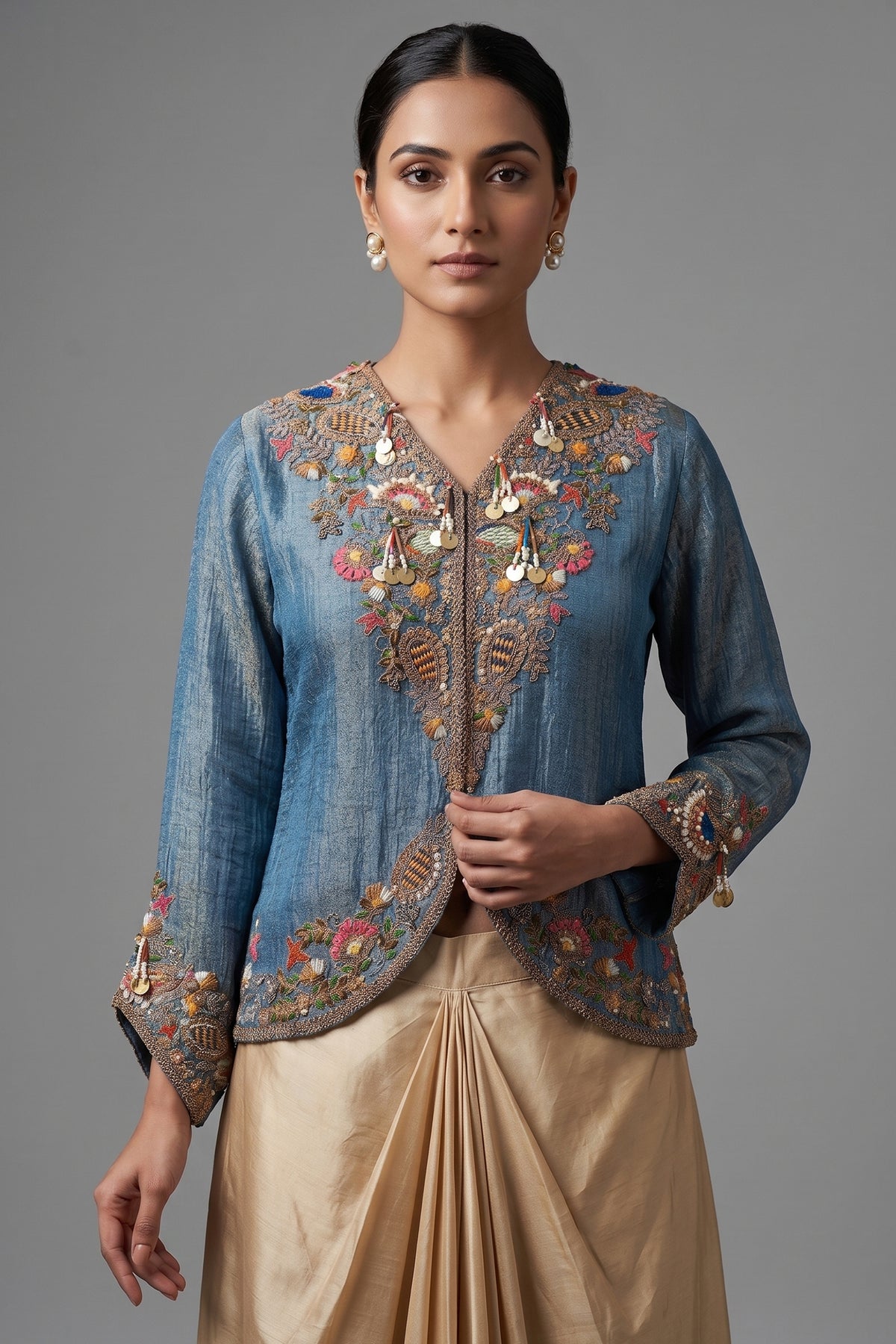 Blue Tissue Silk Embroidered Crop Top and Draped Skirt - red silk saree embroidered